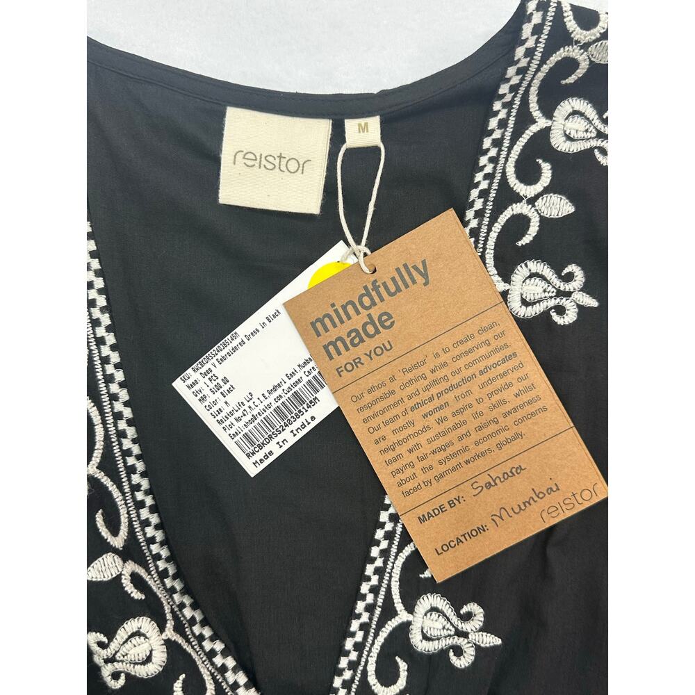 NWT Reistor Deep V Embroidered Dress Black Cream Boho Cotton Mini Dress Medium - Picture 9 of 11